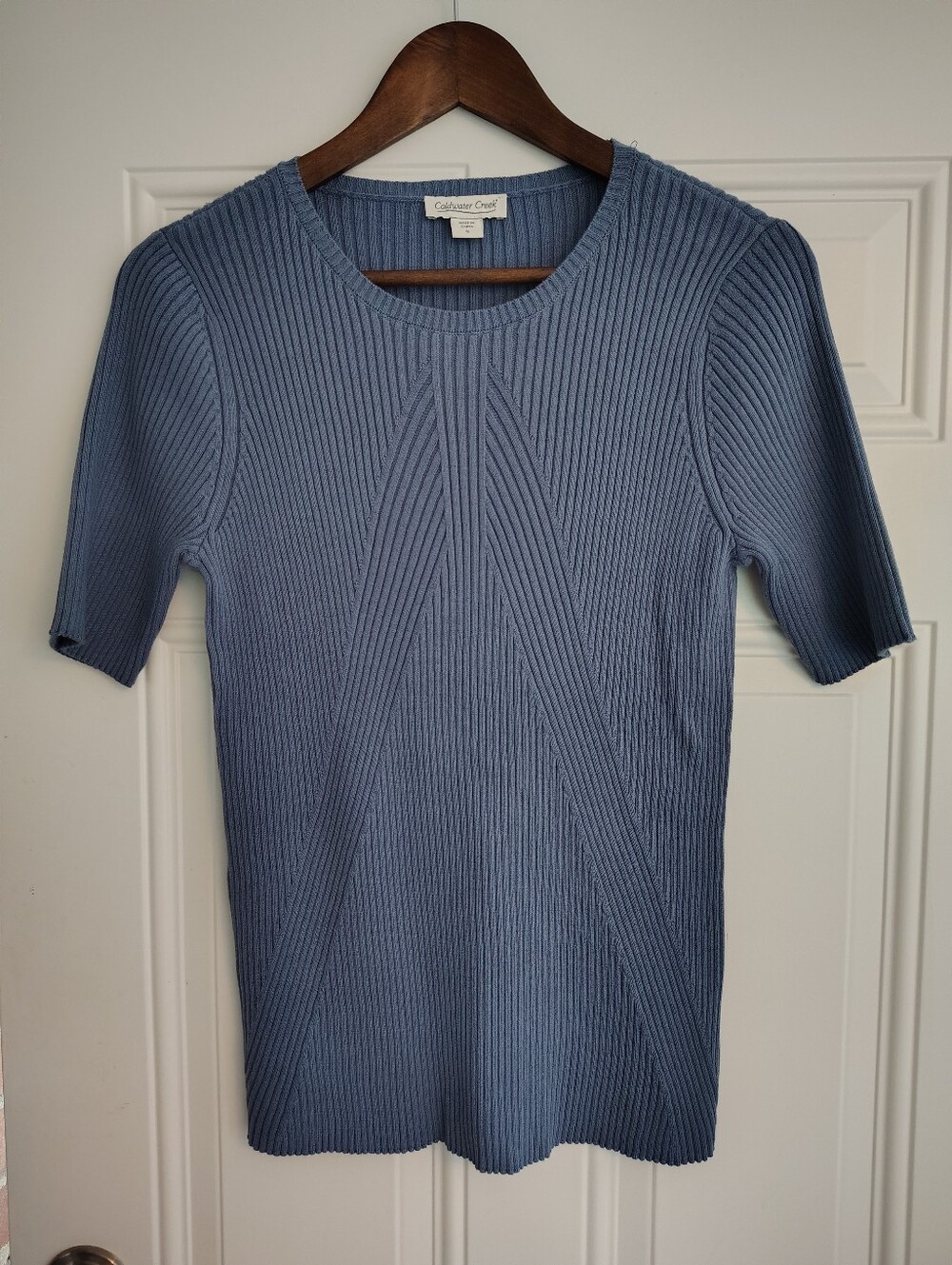 Coldwater Creek Riva Ribbed Knit Sweater Blue Short Sleeve Cotton Small